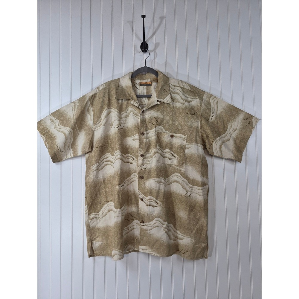 NWOT Bobby Chan XL 100% Silk Shirt Tan Mountain Scenic Jacquard Short Sleeve